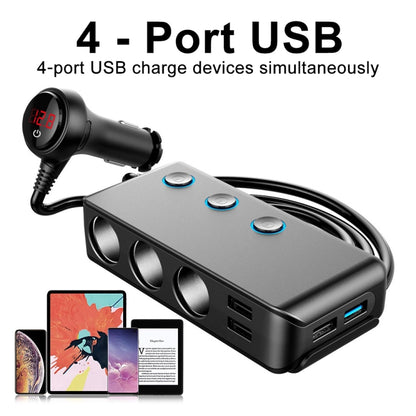 Car Cigarette Lighter Car Charger 3USB Port +1 QC3.0 + 3 Cigarette Lighter Ports + Back Clip Design + LED Display(HC67A) - Car Charger by PMC Jewellery | Online Shopping South Africa | PMC Jewellery