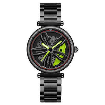 SANDA P1074 Cool Couple Steel Band Quartz Watch Wheel Series Dial Ladies Watch(Black Green) - Metal Strap Watches by SANDA | Online Shopping South Africa | PMC Jewellery | Buy Now Pay Later Mobicred