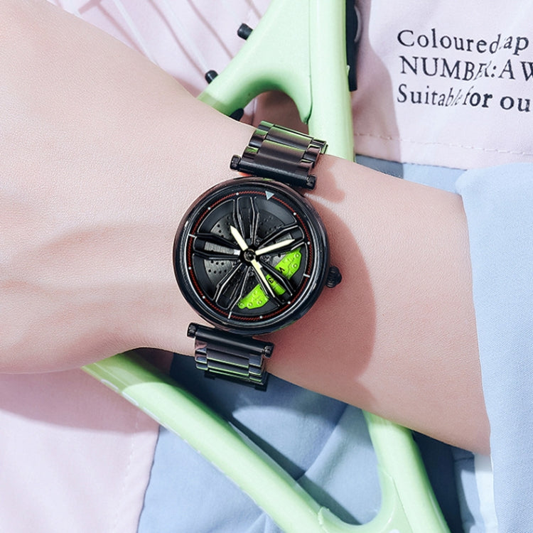 SANDA P1074 Cool Couple Steel Band Quartz Watch Wheel Series Dial Ladies Watch(Black Green) - Metal Strap Watches by SANDA | Online Shopping South Africa | PMC Jewellery | Buy Now Pay Later Mobicred