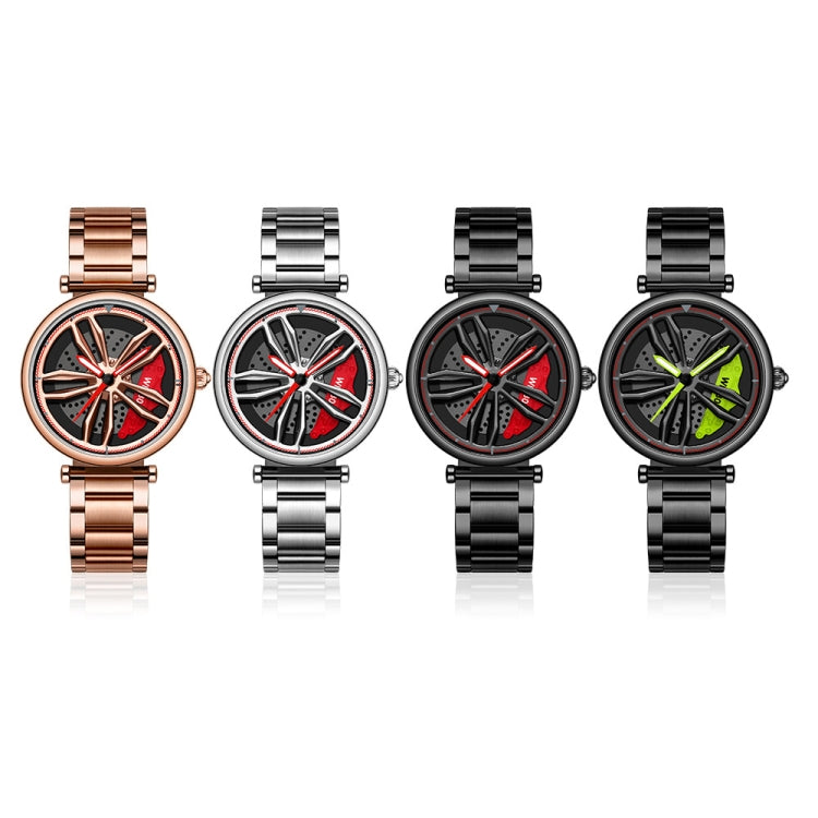 SANDA P1074 Cool Couple Steel Band Quartz Watch Wheel Series Dial Ladies Watch(Black Green) - Metal Strap Watches by SANDA | Online Shopping South Africa | PMC Jewellery | Buy Now Pay Later Mobicred