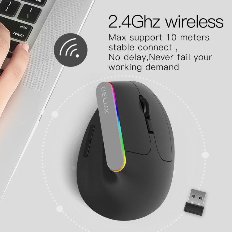 DELUX M618C 6 Keys 1600 DPI RGB Vertical Wireless Bluetooth Dual Mode Mouse(Black) - Wireless Mice by DELUX | Online Shopping South Africa | PMC Jewellery