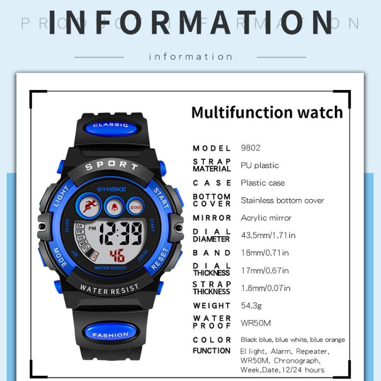 SYNOKE 9802 Children Sports Waterproof Digital Watch(Blue White) - Silicone Strap Watches by SYNOKE | Online Shopping South Africa | PMC Jewellery | Buy Now Pay Later Mobicred