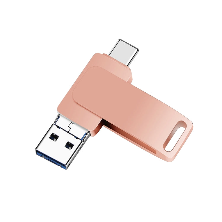 128GB USB 3.0 + 8 Pin + USB-C / Type-C 3 in 1 Phone Computer Metal Rotatable U-Disk(Pink) - U Disk & Card Reader by PMC TechLife | Online Shopping South Africa | PMC TechLife