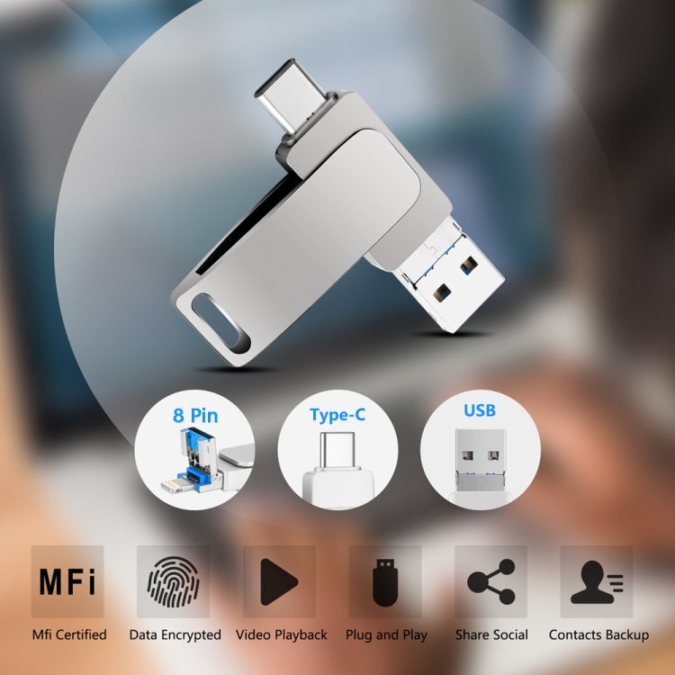 128GB USB 3.0 + 8 Pin + USB-C / Type-C 3 in 1 Phone Computer Metal Rotatable U-Disk(Pink) - U Disk & Card Reader by PMC TechLife | Online Shopping South Africa | PMC TechLife