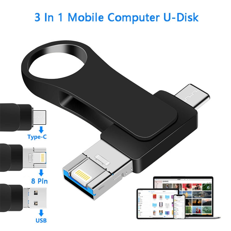 16GB USB 3.0 + 8 Pin + USB-C / Type-C 3 in 1 Mobile Computer Metal U-Disk(Black) - U Disk & Card Reader by PMC TechLife | Online Shopping South Africa | PMC TechLife