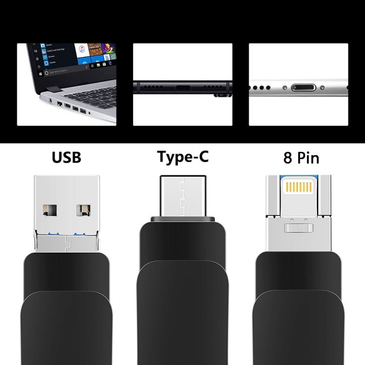 32GB USB 3.0 + 8 Pin + USB-C / Type-C 3 in 1 Mobile Computer Metal U-Disk(Black) - U Disk & Card Reader by PMC TechLife | Online Shopping South Africa | PMC TechLife