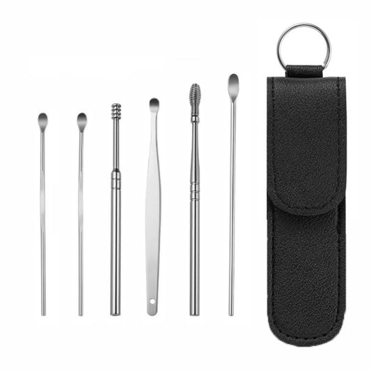 5 Sets 6 In 1 Stainless Steel Spring Spiral Portable Ear Pick, Specification: Black Leather Case - Ear Care Tools by PMC Jewellery | Online Shopping South Africa | PMC Jewellery