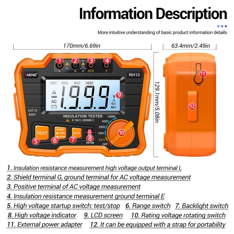 ANENG MH10 Digital High Precision Insulation Resistance Tester(Orange) - Battery & Resistance Tester by ANENG | Online Shopping South Africa | PMC Jewellery | Buy Now Pay Later Mobicred