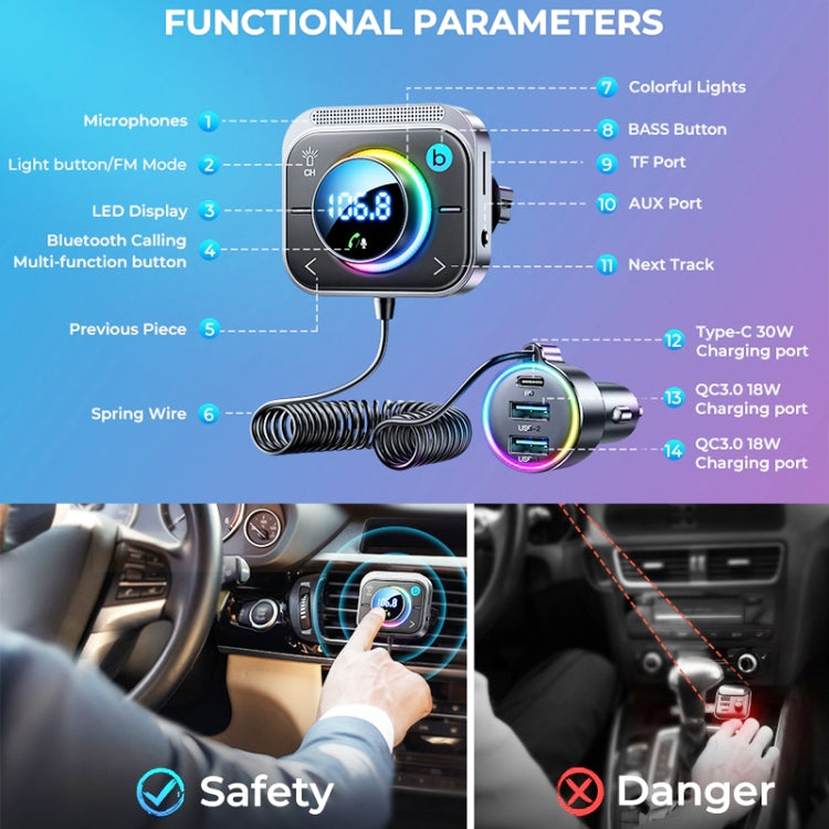 Joyroom JR-CL18 Car Charger Vehicle Bluetooth Transmitter Comes With Spring Line(Silver) - Bluetooth Car Kits by JOYROOM | Online Shopping South Africa | PMC Jewellery | Buy Now Pay Later Mobicred