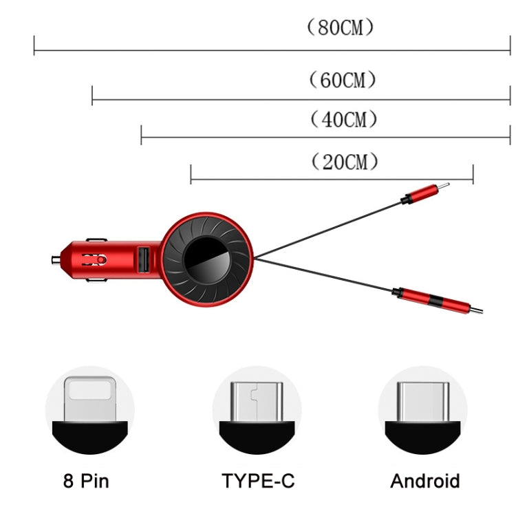 3 In 1 USB Dual Cable Single Pull Retractable Car Charger(Black) - Car Charger by PMC TechLife | Online Shopping South Africa | PMC TechLife