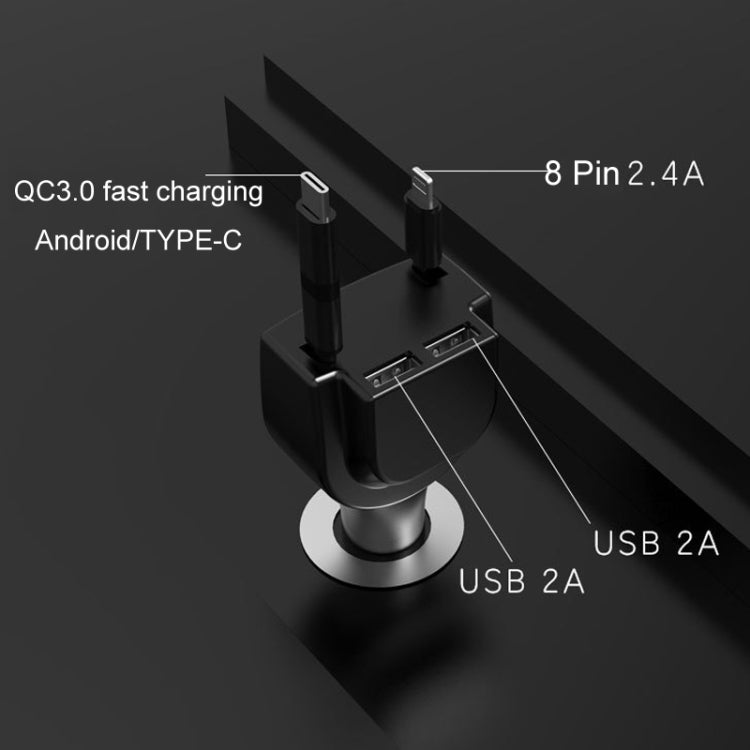 3 In 1 3.1A Dual USB Single Pull Retractable Fast QC3.0 Car Charger(Green) - Car Charger by PMC TechLife | Online Shopping South Africa | PMC TechLife