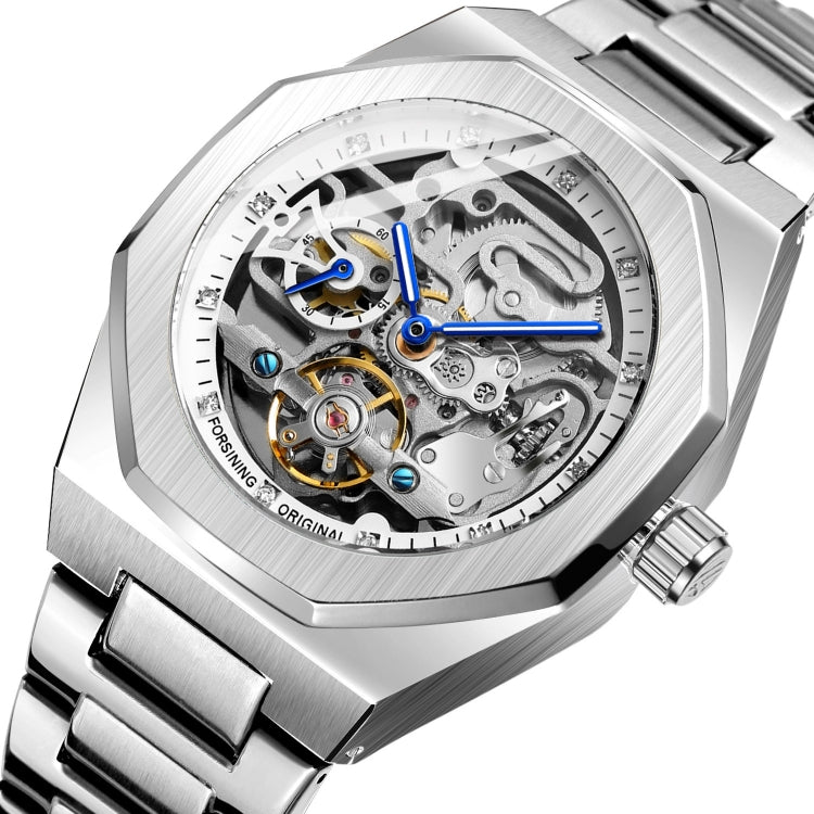 FORSINING F980 Luminous Three Eye Six Shot Weekly Steel Belt Men Fully Automatic Mechanical Watch(Silver Belt White Face) - Metal Strap Watches by FORSINING | Online Shopping South Africa | PMC Jewellery | Buy Now Pay Later Mobicred