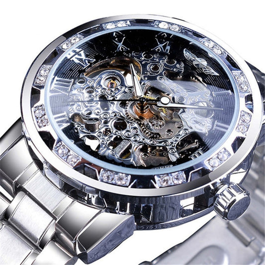 Winner Leisure Skeleton Diamond Luminous Pointer Watch Men Manual Mechanical Watch(Silver Belt Silver Shell Black Face) - Metal Strap Watches by Winner | Online Shopping South Africa | PMC Jewellery | Buy Now Pay Later Mobicred