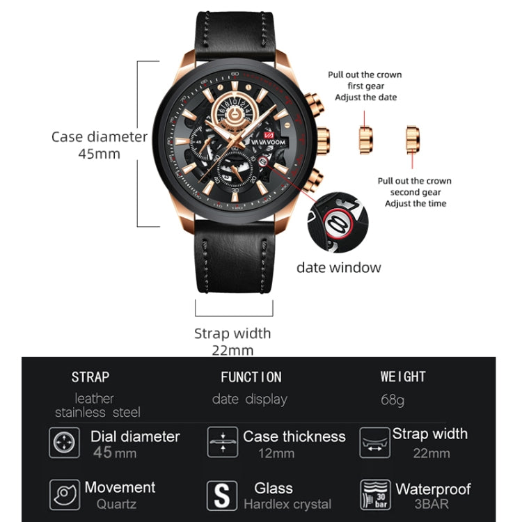 VAVA VOOM 2311G-FH Rose Gold Shell Steel Belt Men Waterproof Sports Luminous Calendar Casual Quartz Hollow Watch - Sport Watches by VAVA VOOM | Online Shopping South Africa | PMC Jewellery | Buy Now Pay Later Mobicred