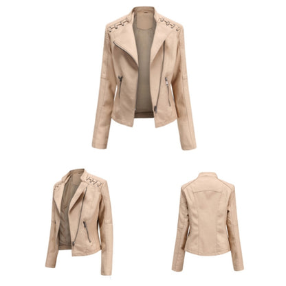 Women Short Leather Jacket Slim Jacket Motorcycle Suit, Size: XXXXL(Khaki) - Jacket & Loose Coat by PMC Jewellery | Online Shopping South Africa | PMC Jewellery