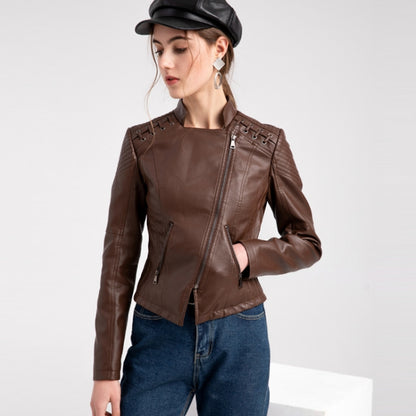 Women Short Leather Jacket Slim Jacket Motorcycle Suit, Size: XXXL(Khaki) - Jacket & Loose Coat by PMC Jewellery | Online Shopping South Africa | PMC Jewellery