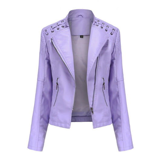 Women Short Leather Jacket Slim Jacket Motorcycle Suit, Size: M(Pale Lisianthus) - Jacket & Loose Coat by PMC Jewellery | Online Shopping South Africa | PMC Jewellery