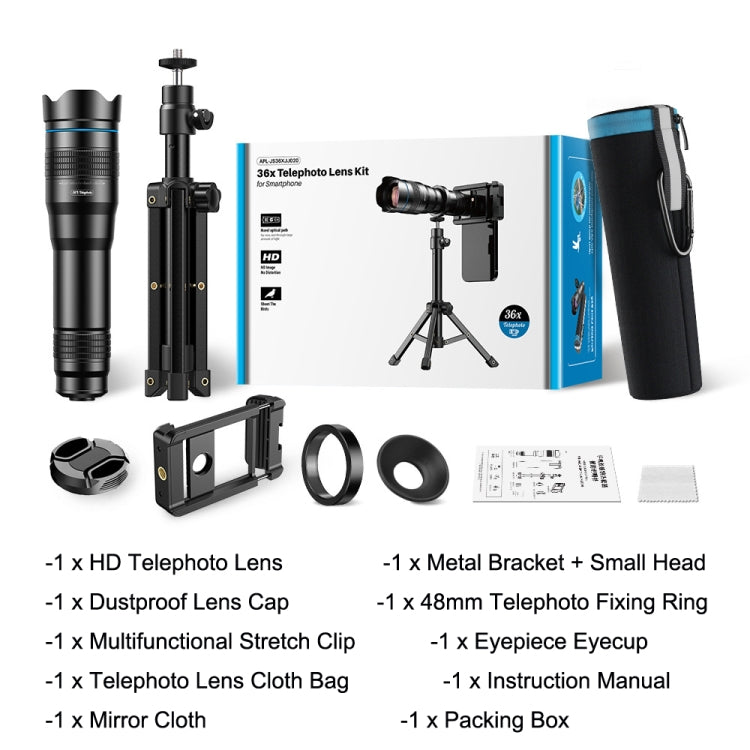 Apexel APL-36XJJ020 36X HD Telescope Universal Telephoto Phone Lens + Clip + Tripod Set - Macro & Wide-angle by APEXEL | Online Shopping South Africa | PMC Jewellery | Buy Now Pay Later Mobicred