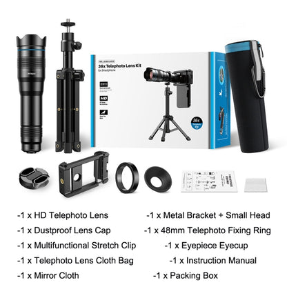 Apexel APL-36XJJ020 36X HD Telescope Universal Telephoto Phone Lens + Clip + Tripod Set - Macro & Wide-angle by APEXEL | Online Shopping South Africa | PMC Jewellery | Buy Now Pay Later Mobicred