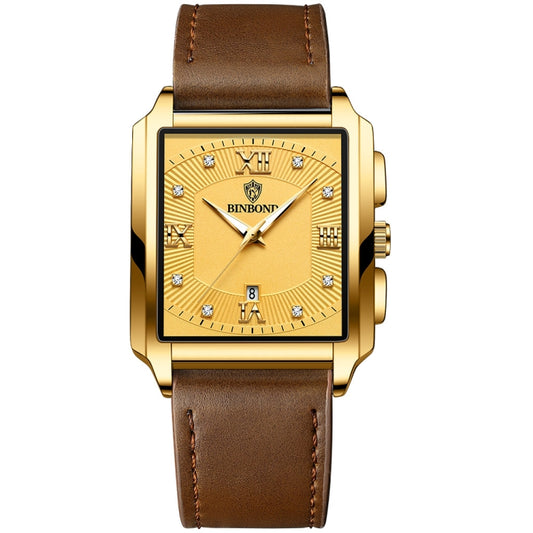 BINBOND B4143 Rectangular Outdoor Men Waterproof Quartz Watches(Brown Leather-Full Gold) - Metal Strap Watches by BINBOND | Online Shopping South Africa | PMC Jewellery | Buy Now Pay Later Mobicred