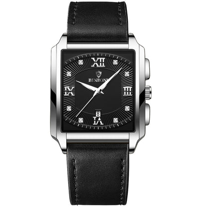 BINBOND B4143 Rectangular Outdoor Men Waterproof Quartz Watches(Black Leather-White Steel) - Metal Strap Watches by BINBOND | Online Shopping South Africa | PMC Jewellery | Buy Now Pay Later Mobicred