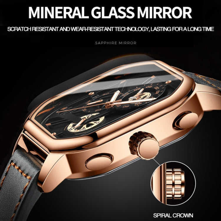 BINBOND B6577 30M Waterproof Luminous Square Quartz Watch, Color: Black Leather-Rose Gold - Leather Strap Watches by BINBOND | Online Shopping South Africa | PMC Jewellery | Buy Now Pay Later Mobicred