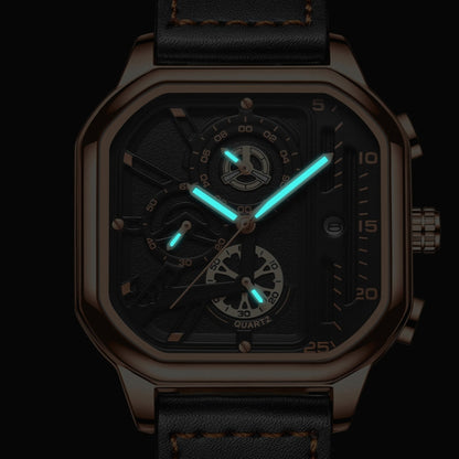 BINBOND B6577 30M Waterproof Luminous Square Quartz Watch, Color: Black Leather-Rose Gold - Leather Strap Watches by BINBOND | Online Shopping South Africa | PMC Jewellery | Buy Now Pay Later Mobicred