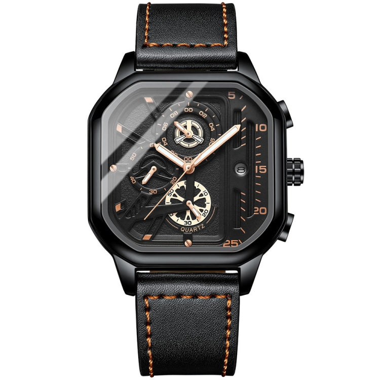 BINBOND B6577 30M Waterproof Luminous Square Quartz Watch, Color: Black Leather-Black-Rose Gold - Leather Strap Watches by BINBOND | Online Shopping South Africa | PMC Jewellery | Buy Now Pay Later Mobicred