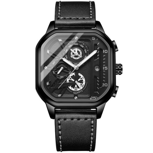 BINBOND B6577 30M Waterproof Luminous Square Quartz Watch, Color: Black Leather-Black-Black - Leather Strap Watches by BINBOND | Online Shopping South Africa | PMC Jewellery | Buy Now Pay Later Mobicred