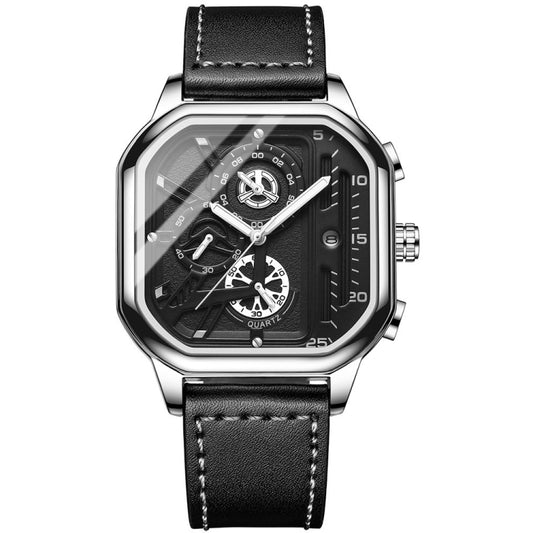 BINBOND B6577 30M Waterproof Luminous Square Quartz Watch, Color: Black Leather-White-White - Leather Strap Watches by BINBOND | Online Shopping South Africa | PMC Jewellery | Buy Now Pay Later Mobicred