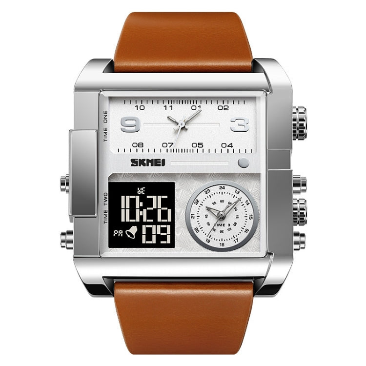 SKMEI 2020 Square Large Dial Triple Movement Men Sports Watch(Silver Shell Brown Belt Black Machine) - LED Digital Watches by SKMEI | Online Shopping South Africa | PMC Jewellery | Buy Now Pay Later Mobicred