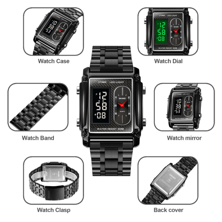 SKMEI 1868 Square Double Display Waterproof Men Watch, Style: Steel Belt (Black) - LED Digital Watches by SKMEI | Online Shopping South Africa | PMC Jewellery | Buy Now Pay Later Mobicred