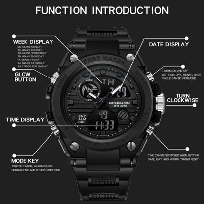 BINBOND B885 Outdoor Sports Timing Dual-Display Waterproof Electronic Watches(Black-Black-Black) - Sport Watches by BINBOND | Online Shopping South Africa | PMC Jewellery | Buy Now Pay Later Mobicred