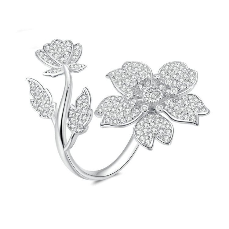 BSR076 Sterling Silver S925 White Gold Plated Zircon Cherry Blossom Open Adjustable Ring -  by PMC Jewellery | Online Shopping South Africa | PMC Jewellery