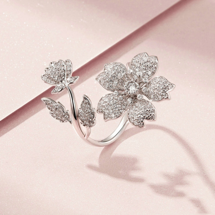 BSR076 Sterling Silver S925 White Gold Plated Zircon Cherry Blossom Open Adjustable Ring -  by PMC Jewellery | Online Shopping South Africa | PMC Jewellery