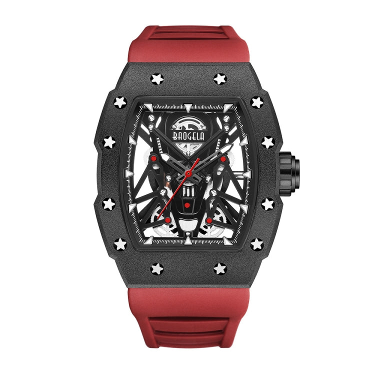 BAOGELA 224145 Barrel Skeleton Waterproof Sports Stainless Steel Silicone Men Watch(Black Shell Red Belt) - Silicone Strap Watches by BAOGELA | Online Shopping South Africa | PMC Jewellery | Buy Now Pay Later Mobicred