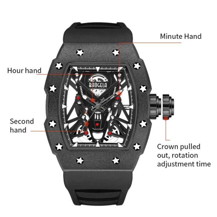 BAOGELA 224145 Barrel Skeleton Waterproof Sports Stainless Steel Silicone Men Watch(Black Shell Red Belt) - Silicone Strap Watches by BAOGELA | Online Shopping South Africa | PMC Jewellery | Buy Now Pay Later Mobicred