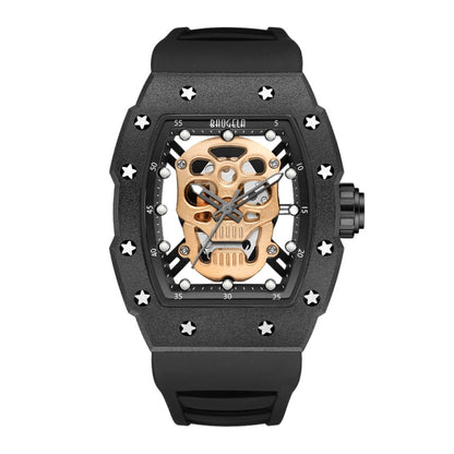 BAOGELA 224141 Hollow Skull Luminous Sports 304 Stainless Steel Silicone Men Watch(Black Shell Rose Face Black Belt) - Silicone Strap Watches by BAOGELA | Online Shopping South Africa | PMC Jewellery | Buy Now Pay Later Mobicred