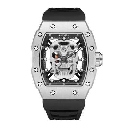 BAOGELA 224141 Hollow Skull Luminous Sports 304 Stainless Steel Silicone Men Watch(Steel Shell White Face Black Belt) - Silicone Strap Watches by BAOGELA | Online Shopping South Africa | PMC Jewellery | Buy Now Pay Later Mobicred