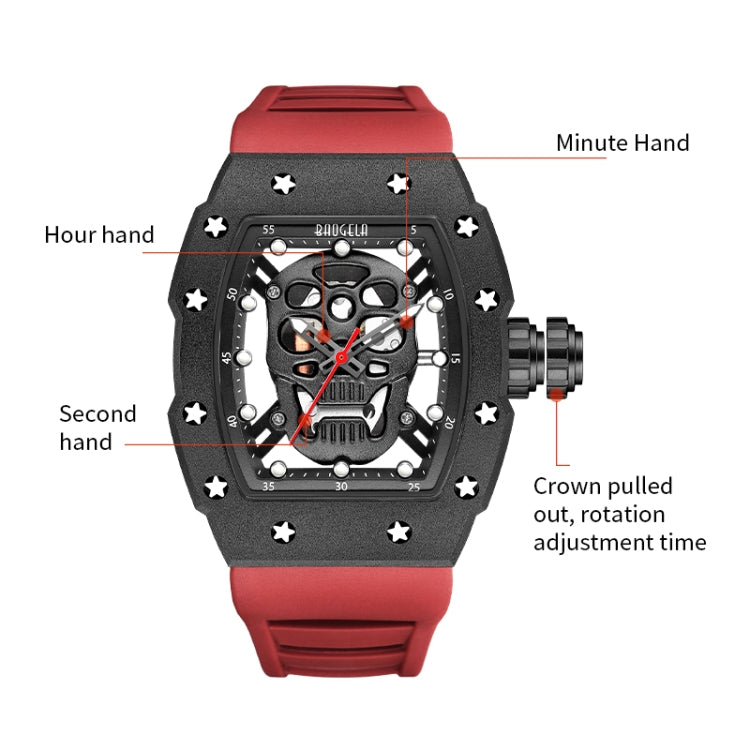 BAOGELA 224141 Hollow Skull Luminous Sports 304 Stainless Steel Silicone Men Watch(Black Shell Black Face Red Belt) - Silicone Strap Watches by BAOGELA | Online Shopping South Africa | PMC Jewellery | Buy Now Pay Later Mobicred