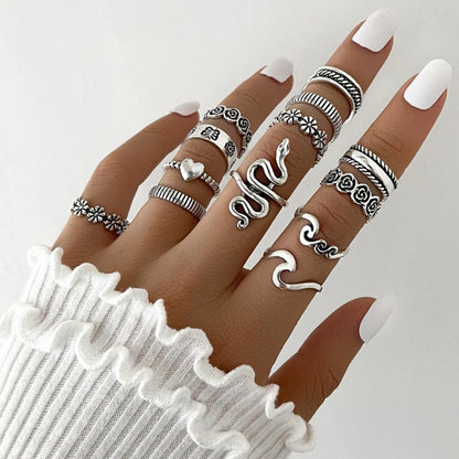 13pcs/set Exaggerated Serpentine Flower Love Geometric Joint Ring(SKU5932 Silver) - Rings by PMC Jewellery | Online Shopping South Africa | PMC Jewellery