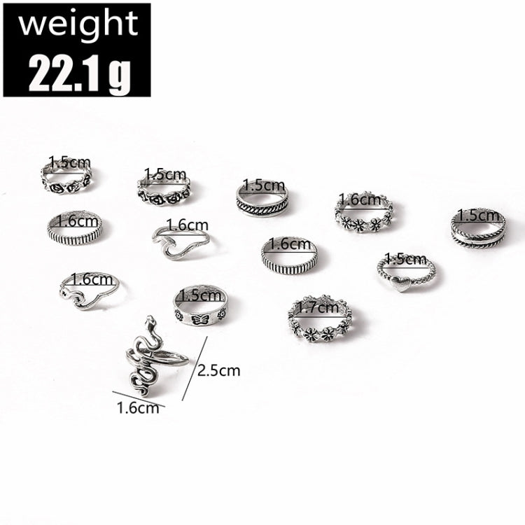 13pcs/set Exaggerated Serpentine Flower Love Geometric Joint Ring(SKU5932 Silver) - Rings by PMC Jewellery | Online Shopping South Africa | PMC Jewellery