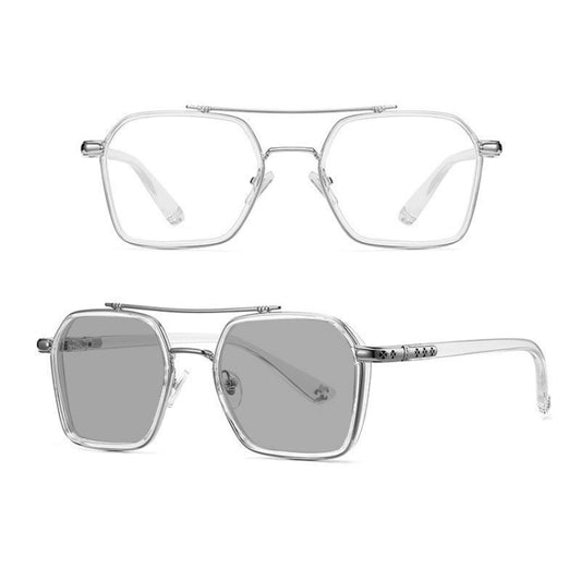 Double-beam Polarized Variable Color Eyeglasses Non-degree Flat Glasses, Lens: Change Grey(Transparent Silver Frame) - Plain Glass Spectacles by PMC Jewellery | Online Shopping South Africa | PMC Jewellery