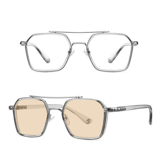 A5 Double Beam Polarized Color Changing Myopic Glasses, Lens: -100 Degrees Change Tea Color(Gray Silver Frame) - Plain Glass Spectacles by PMC Jewellery | Online Shopping South Africa | PMC Jewellery