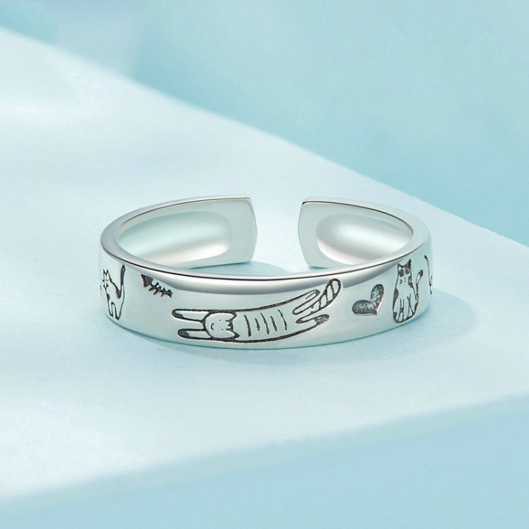 SCR951-E Engraved Cat Graffiti Sterling Silver Ring Jewelry - Rings by PMC Jewellery | Online Shopping South Africa | PMC Jewellery