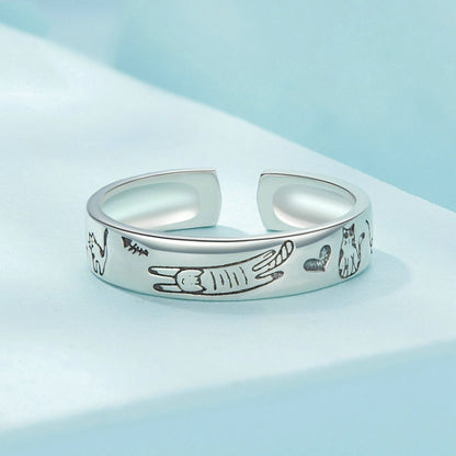 SCR951-E Engraved Cat Graffiti Sterling Silver Ring Jewelry - Rings by PMC Jewellery | Online Shopping South Africa | PMC Jewellery