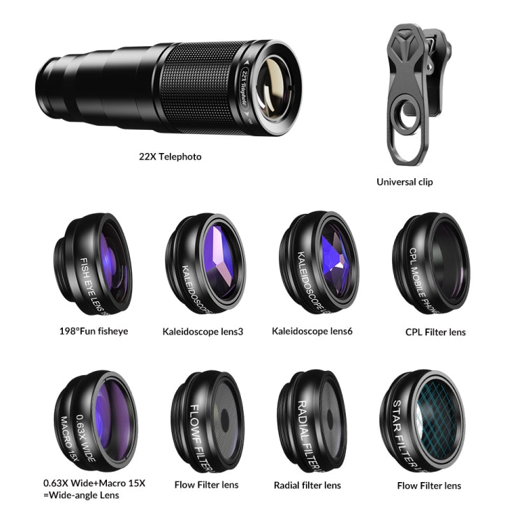 APEXEL APL-22XDG9 22X External Camera Adjustable Focus Mobile Phone Lens(10 in 1) - Telescope & Microscope by APEXEL | Online Shopping South Africa | PMC Jewellery