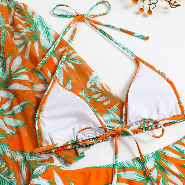 Leaf-print Waist Lace-up Three-Piece Bikini Set Long-sleeved Beach Sun Protection Swimsuit, Size: XL(Light Leaf) - Swimwear by PMC Jewellery | Online Shopping South Africa | PMC Jewellery