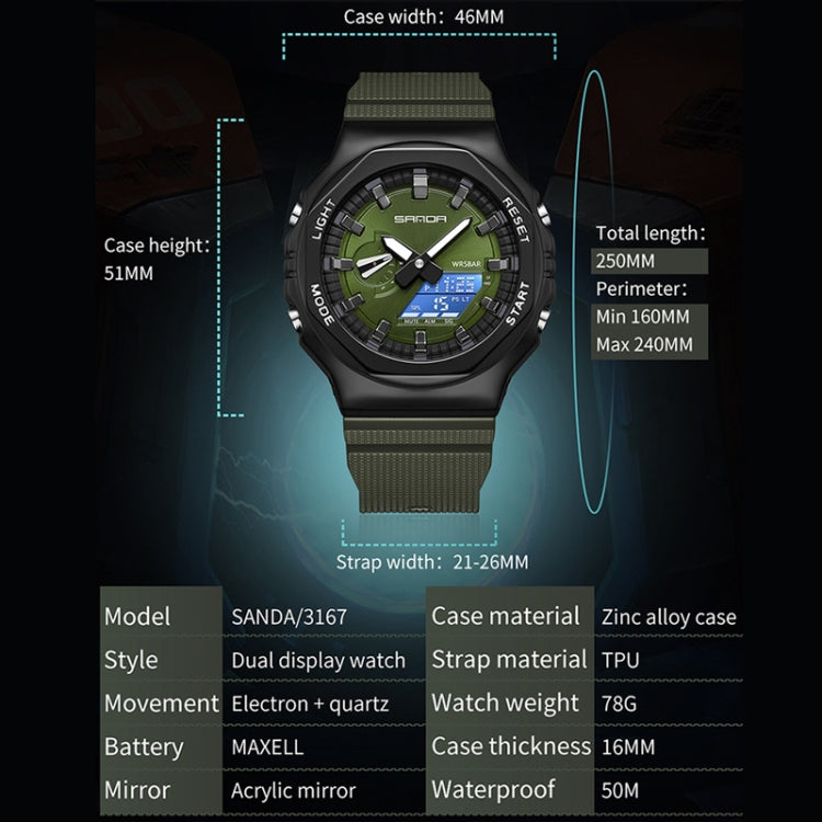 SANDA Octagonal Oak Hand Lamp Waterproof Sports Alarm Clock Men Watch(Military Green) - Silicone Strap Watches by SANDA | Online Shopping South Africa | PMC Jewellery