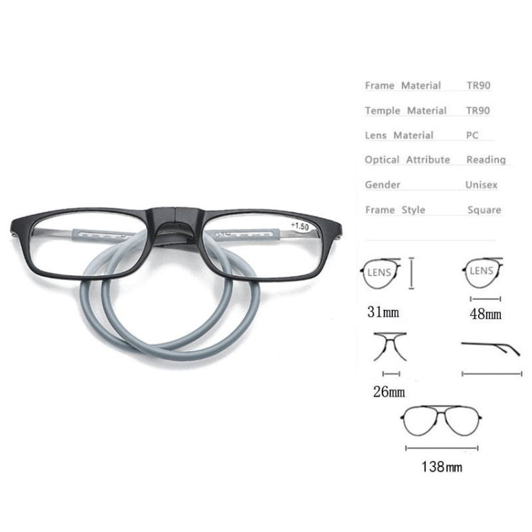 Portable Magnetic Hanging Neck Retractable Reading Glasses +150(Black Frame Gray Legs) - Presbyopic Glasses by PMC Jewellery | Online Shopping South Africa | PMC Jewellery